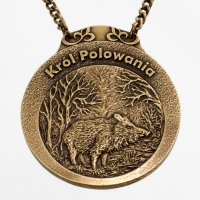 medal myśliwski; motyw dzik; Król Polowania; wykończenie w kolorze patynowanego mosiądzu