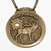 medal myśliwski; motyw jeleń; Król Pudlarzy; wykończenie w kolorze patynowanego mosiądzu