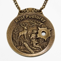 medal myśliwski; motyw Święty Hubert; Król Pudlarzy;wykończenie w kolorze patynowanego mosiądzu