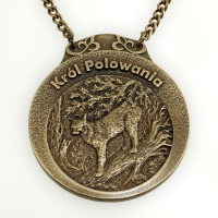 medal myśliwski; motyw ryś; Król Polowania; wykończenie w kolorze patynowanego mosiądzu