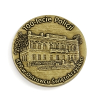medal odlewany; średnica 70 mm; wykończenie w kolorze patynowanego mosiądzu;  medal wykonany z okazji 100-lecia Policji dla KPP w Ostrowcu Świętokrzyskim