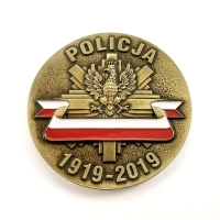 medal odlewany; średnica 70 mm; wykończenie w kolorze patynowanego mosiądzu; malowany ręcznie medal wykonany z okazji 100-lecia Policji dla KPP w Ostrowcu Świętokrzyskim