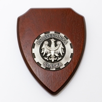 medal odlewany ze stopu do odlewów precyzyjnych; wykończenie przez patynowanie i ręczne szczotkowanie; fornirowany podkład w kształcie herbu; medal wykonany dla Politechniki Śląskiej 