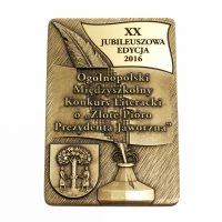 medal odlewany; wykończenie w kolorze patynowanego mosiądzu; grawerowana wkładka