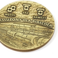 medal tłoczony z mosiądzu; średnica 70 mm; wykończenie przez patynowanie; medale wytłoczone dla Bialchem Group Sp. z o.o.