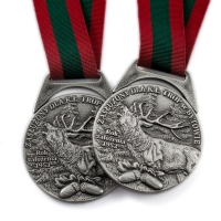 medal tłoczony z mosiądzu; wykończenie przez srebrzenie i patynowanie; odlewane, szerokie ucho; tasiemka przeszywana; średnica 70mm