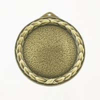 medal uniwersalny; średnica 70mm; motyw - sportowy wieniec laurowy; wykończenie w kolorze patynowanego mosiądzu; wkładka 50mm; uszko do tasiemki