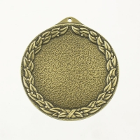 medal uniwersalny; średnica 70mm; motyw - ozdobny wieniec laurowy; wykończenie w kolorze patynowanego mosiądzu; wkładka 50mm; uszko do tasiemki