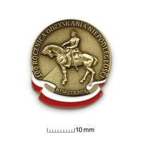znaczek pins tłoczony z mosiądzu; patynowany, malowany ręcznie; znaczek wykonany dla upamiętnienia odsłonięcia największego w Polsce pomnika marszałka Józefa Piłsudskiego